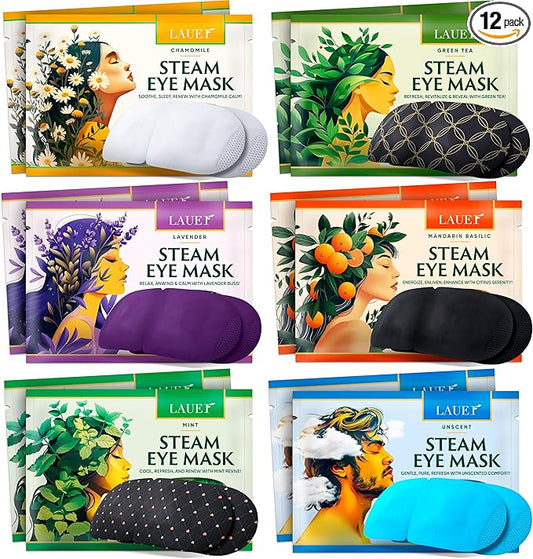 Heated Eye Steam Mask Dry Eyes Self Warm Compress Dark Circles Puffiness Set of Scent (Lavender, Chamomile, Green Tea, Mint, Mandarin Basilic, Unscented) Pack of Masks for Women