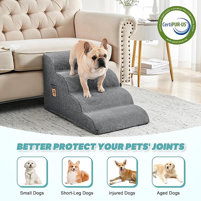 IFNOW Dog Stairs for Small Dogs, 4-Step Sturdy Dog Steps for Bed, Couch, Sofa, Waterproof Pet Stairs for Older Cats, Puppy, Removable Washable Cover, Non-Slip Curved Pet Ramp Indoor, Grey