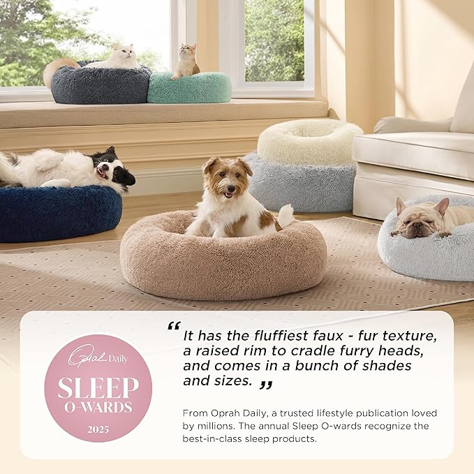 Bedsure Calming Dog Bed for Small Medium Dogs - Donut Washable Medium Pet Bed, 27 inches Anti-Slip Round Fluffy Plush Faux Fur Cat Bed, Dark Grey