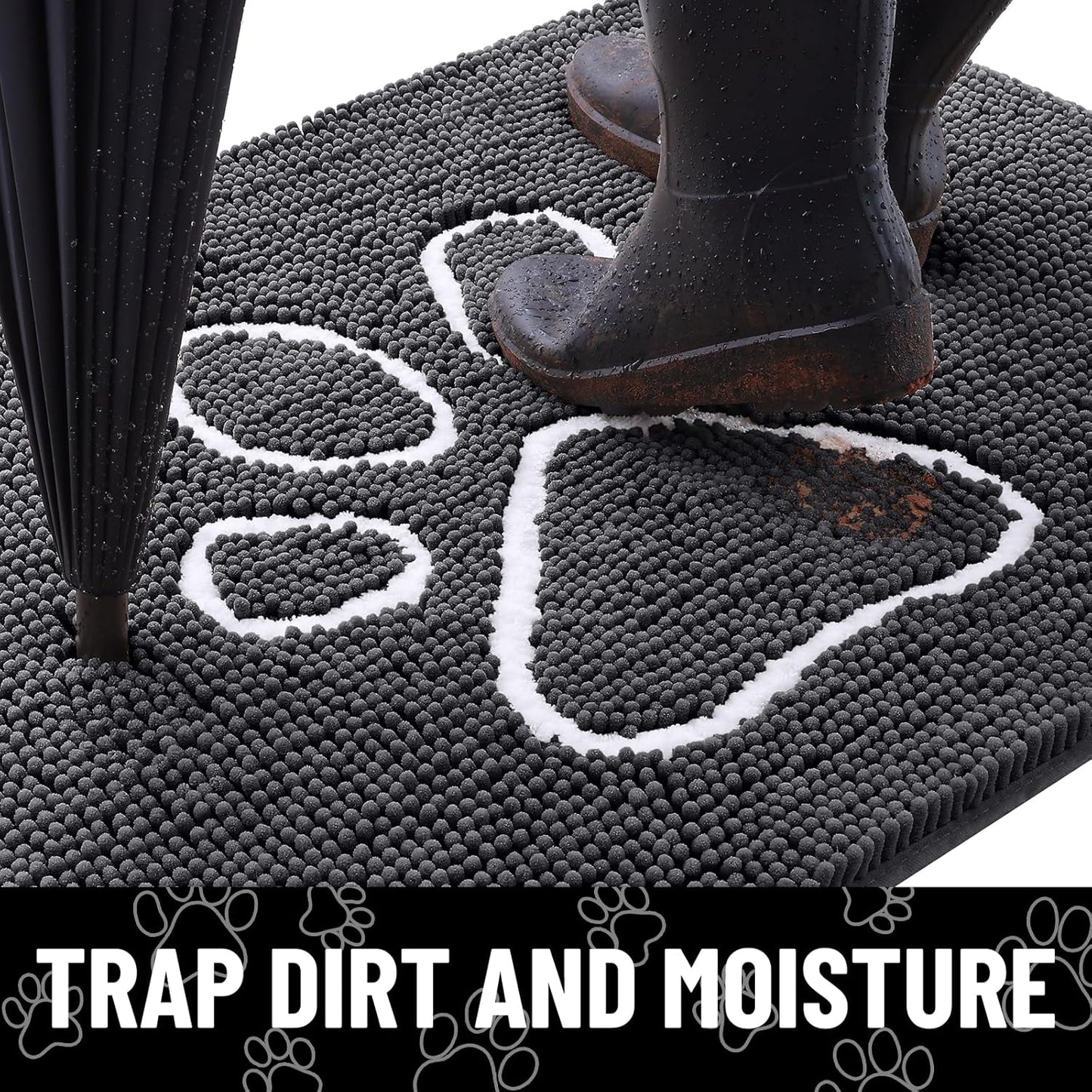 Smiry Dog Door Mat for Muddy Paws, Absorbent Dirt Trapper Non Slip Quick Dry Washable Chenille Mat for Mud Dogs, Entry Rug for Indoor and Outdoor (30x20 Inches, Dark Grey and White)