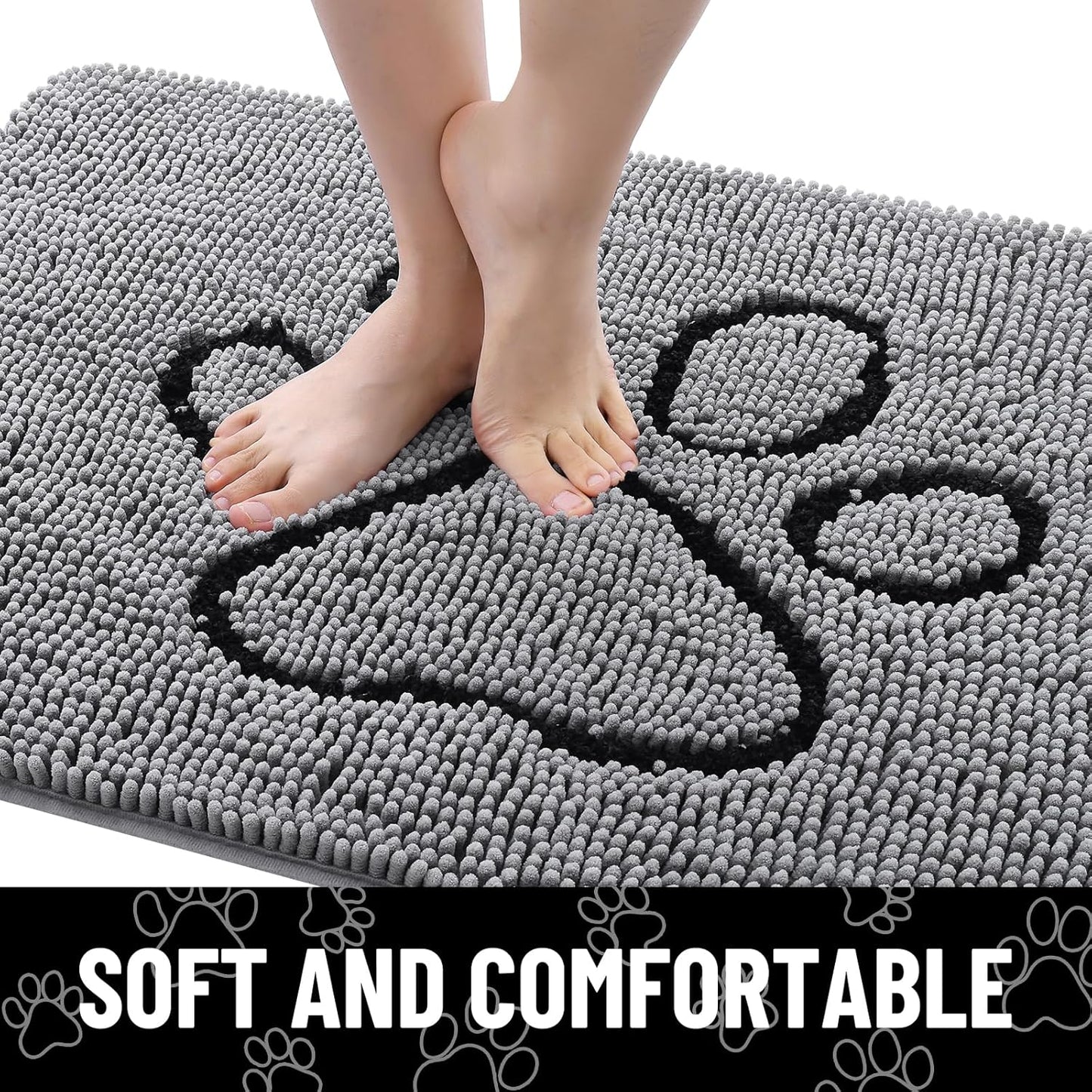 Smiry Dog Door Mat for Muddy Paws, Absorbent Dirt Trapper Non Slip Quick Dry Washable Chenille Mat for Mud Dogs, Entry Rug for Indoor and Outdoor (70x24 Inches, Grey)