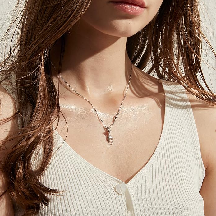 jiamiaoi 18K White Gold Plated Cat Necklace 925 Sterling Silver Diamond Cat Necklace Silver Cat On Moon Necklace for Women Gift for Birthday/Christmas, Come with Gift Box