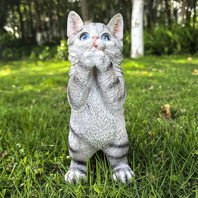 Garden Cat Statue Decorative Outdoor,Fairy Art Yard Décor Figurine for Patio Lawn, Pets Statue Ornaments Patio Lawn Flower Bed (Grey)