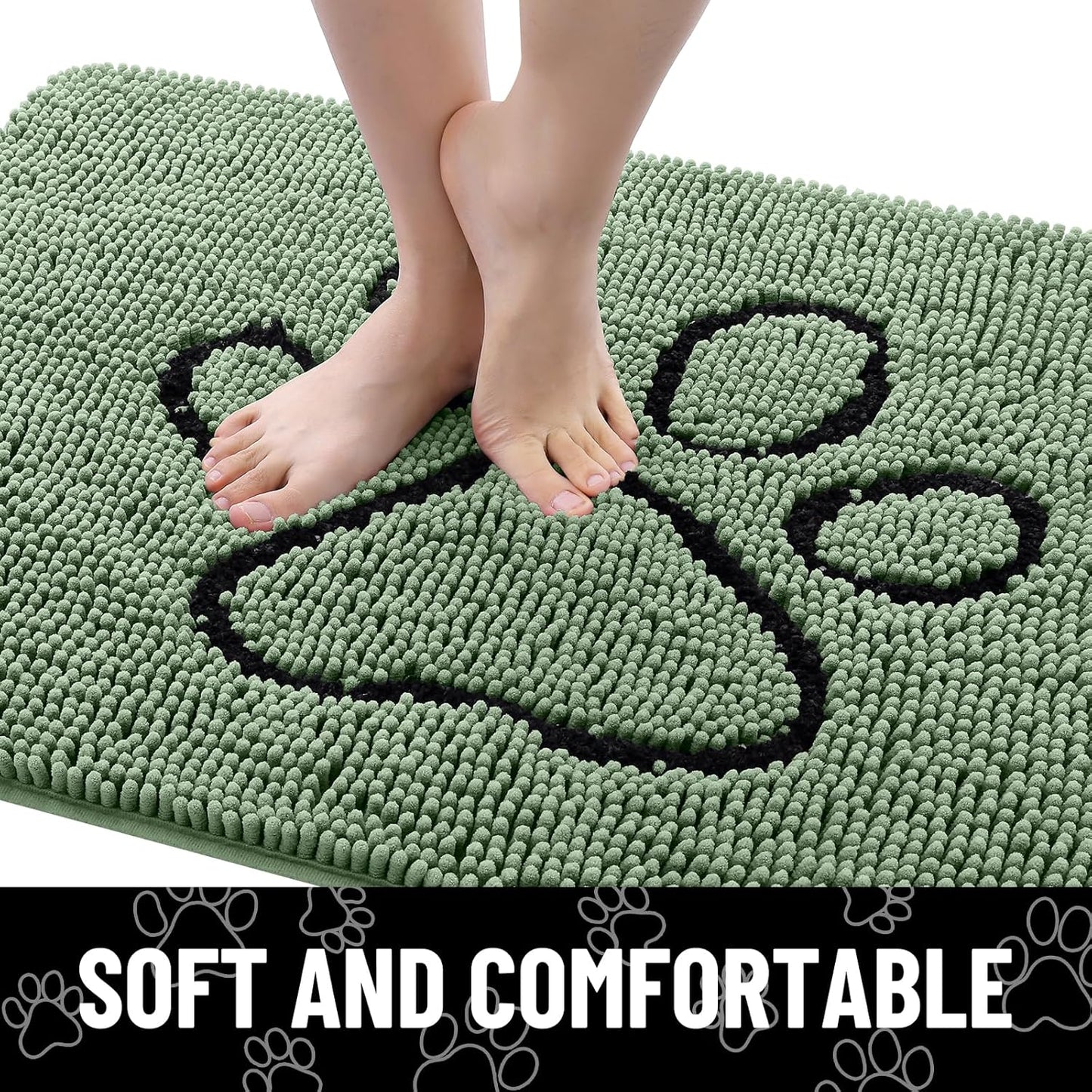 Smiry Dog Door Mat for Muddy Paws, Absorbent Dirt Trapper Non Slip Quick Dry Washable Chenille Mat for Mud Dogs, Entry Rug for Indoor and Outdoor (30x20 Inches, Olive Green and Black)