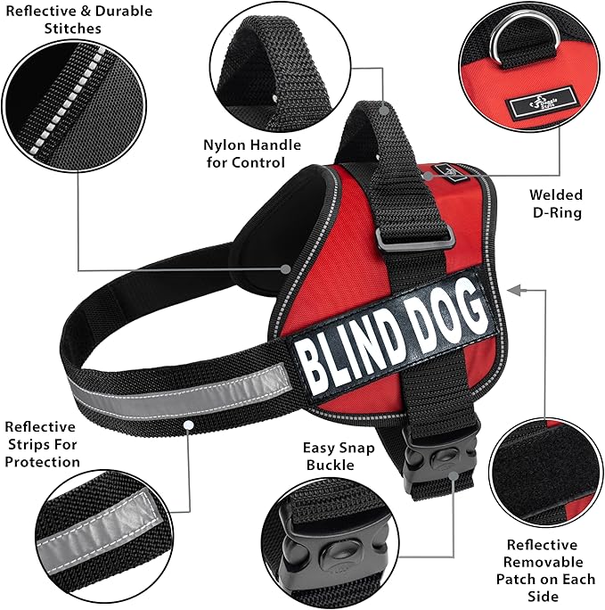 Doggie Stylz Blind Dog Vest Harness with Removable Patches and Reflective Trim. Comes with 2 Blind Dog Reflective Hook and Loop Patches. Measure Dogs Girth Before Purchase (Girth 24”-31" Red)