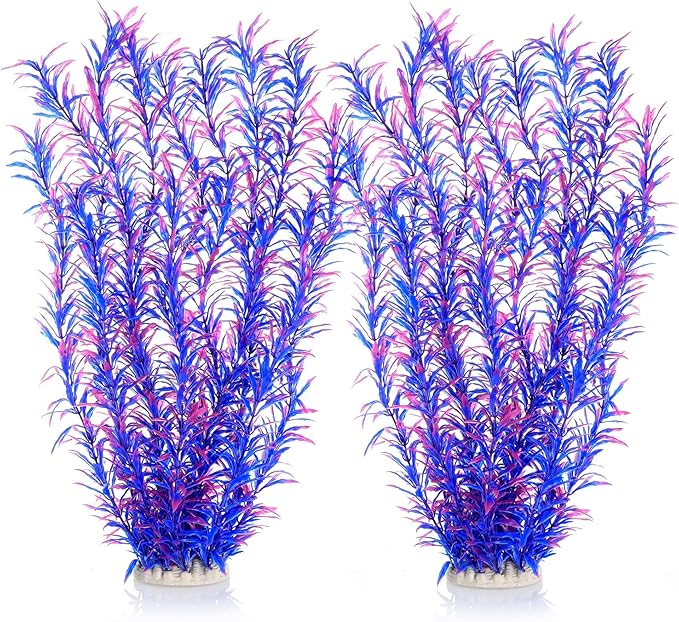 JIHAQUA Aquarium Decor Plastic Plants Extra Large 21 Inches Artificial Fish Tank Plants Tall Fish Tank Decorations (Purple 2pcs)