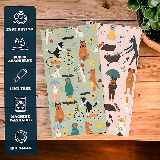 Dog Kitchen Towels for Plant Lovers - Gardening Gifts for Women & Dog Lovers - Dish Towels Dog Mom Gifts for Gardeners 2-Pack (Spring Pups)