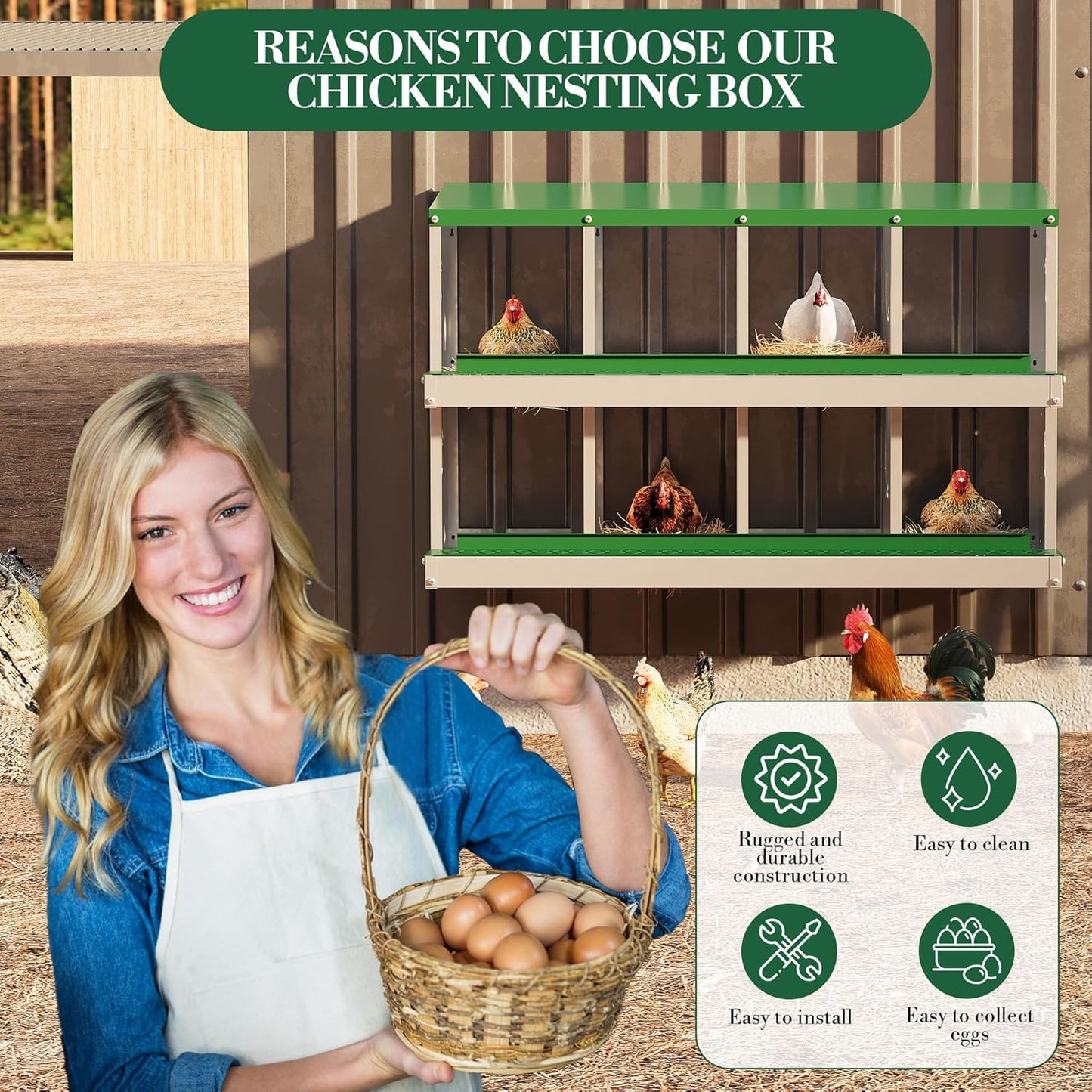 8 Hole Chicken Nesting Box with Roll Out Egg Tray, Rustproof & Ventilated Chicken Laying Boxes for Hens, Chickens, Ducks | Easy-Clean Poultry Coop Accessories