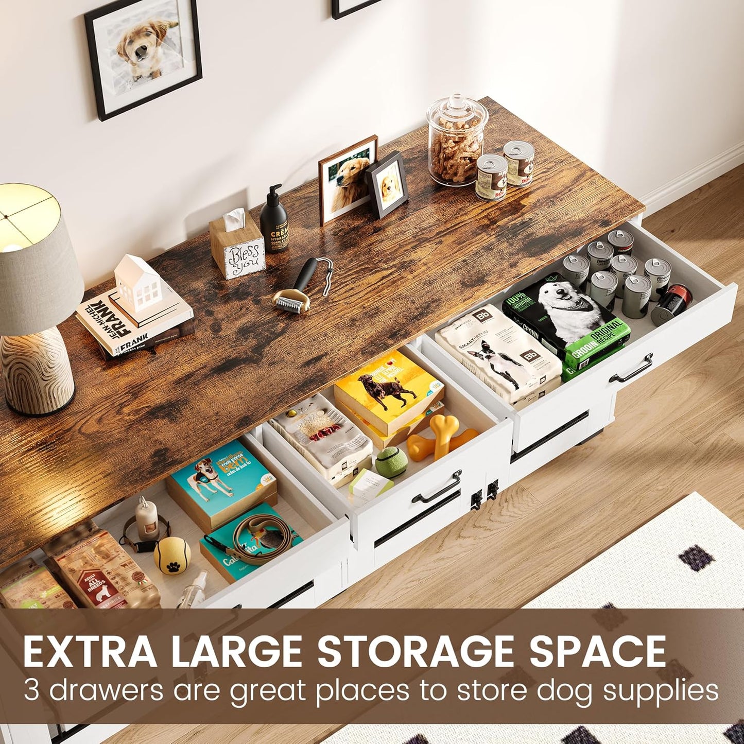 71 Inch Dog Crate Furniture for 2 Rooms, Wooden Double Crate Large Breed with Door, Dog Kennel Indoor, TV Stand End Table with Divider for Large Medium Dogs,White/Brown