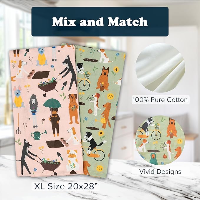 Dog Kitchen Towels for Plant Lovers - Gardening Gifts for Women & Dog Lovers - Dish Towels Dog Mom Gifts for Gardeners 2-Pack (Spring Pups)