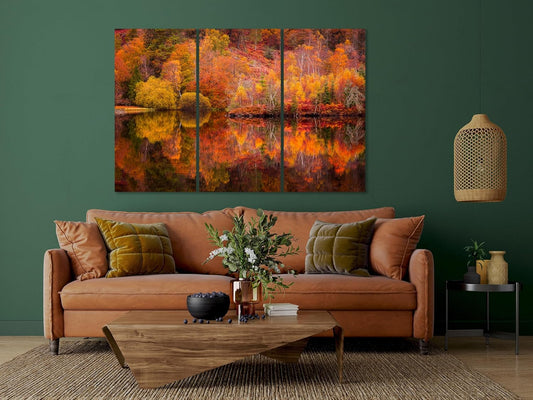Nature Wall Art Prints - Ocean Forest Mountain Lake Canvas Landscapes - Small to Extra Large Living Room Bedroom Kitchen Bathroom Décor (Autumn Forest with Lake, 39L" x 59W" - 3 Panels)