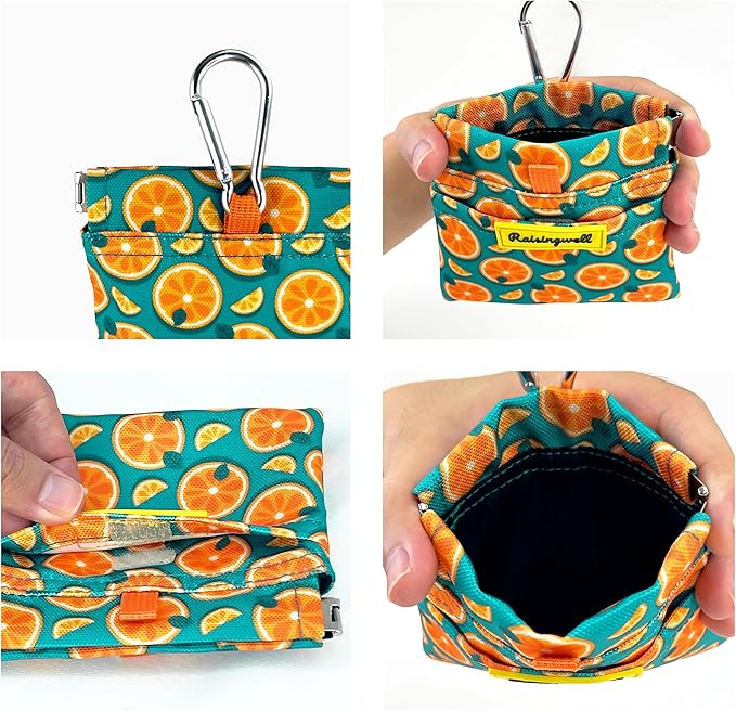 Dog Treat Pouch,Cotton Pocket Sized Training Holder, Hand Free Walking Funny Bag with Carabiner, Self-Closing Pet Feed Snack Reward, Behavior Aids for Puppy Travel or Outdoor Use（Fruit Orange）