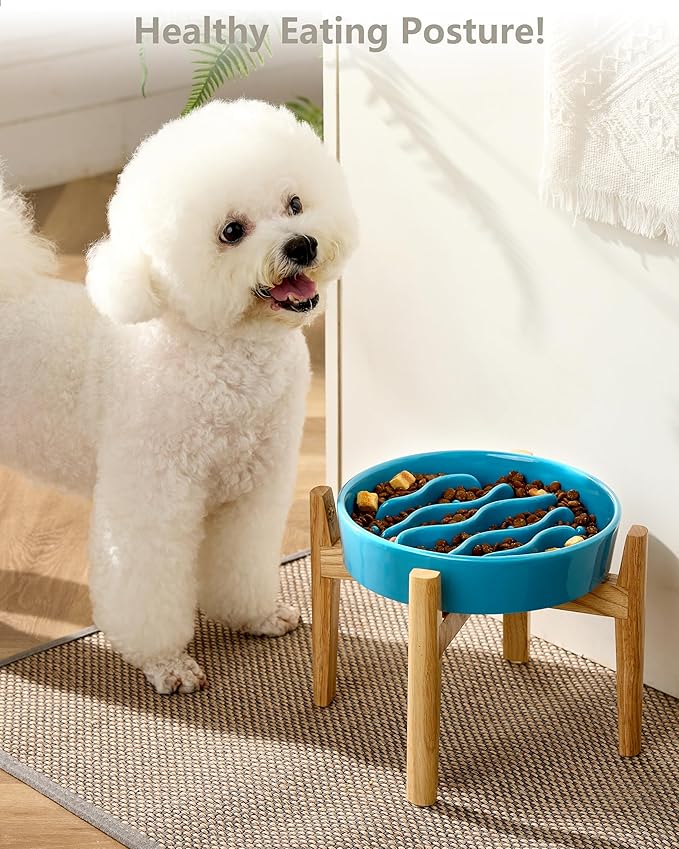 Ceramic Slow Feeder Dog Bowls Elevated, 2.0 Cups Dog Slow Feeder for Medium and Large Dogs, 30oz, 8in, Baby Blue