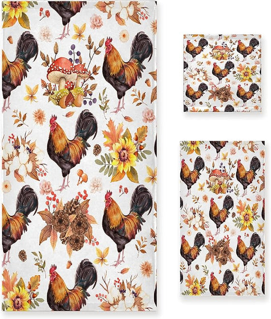 Gaming 3 Piece Towel Bathroom Sets, 1 Bath Towel, 1 Washcloth, 1 Hand Towel, Cotton Fast Dry Soft Absorbent Towel Set for Home Kitchen Family (Fall Chicken)
