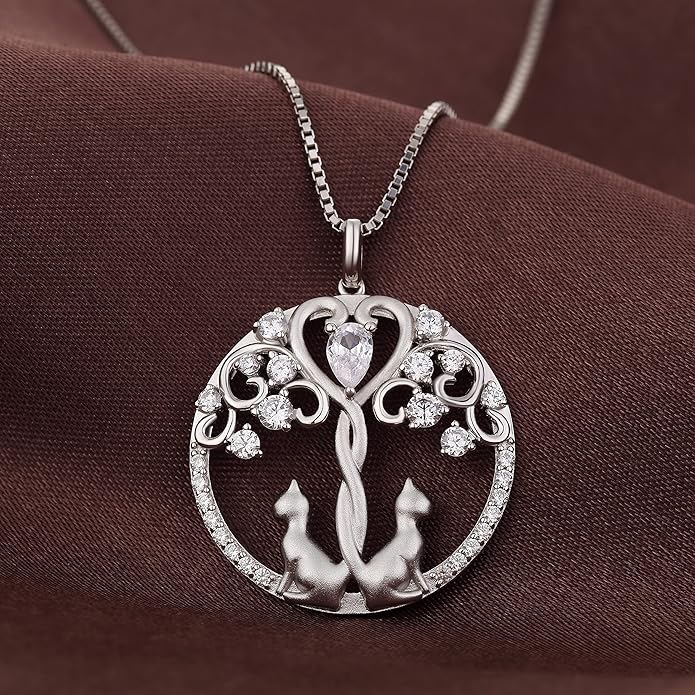 jiamiaoi 18K White Gold Plated Cat Necklace 925 Sterling Silver Diamond Cat Necklace Silver Cat On Moon Necklace for Women Gift for Birthday/Christmas, Come with Gift Box