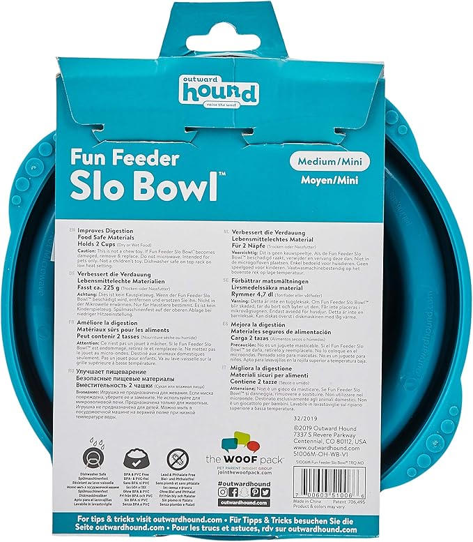 Outward Hound Fun Feeder Slo Bowl – Medium 2‑Cup Capacity, Slow Feeding, Small to Medium Dogs & Cats, Non-Slip, Turquoise, Drop Pattern (Pack of 12)