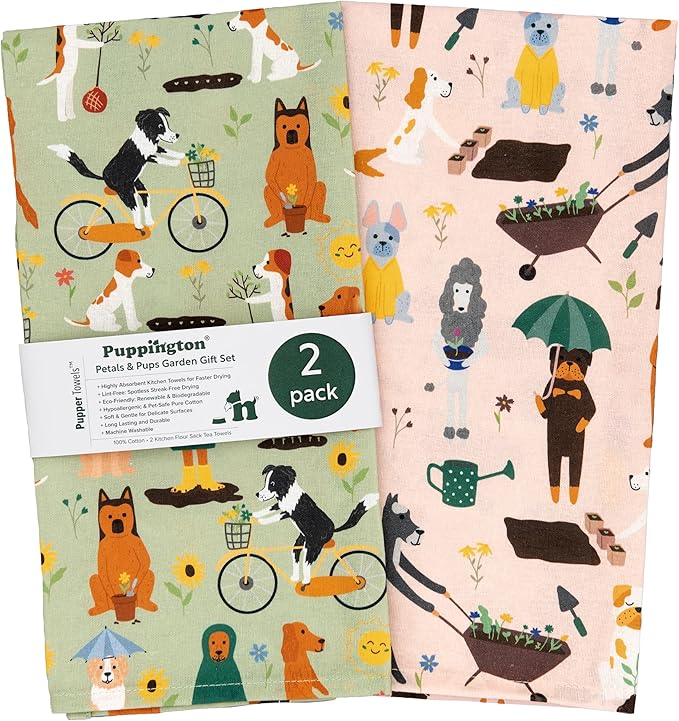 Dog Kitchen Towels for Plant Lovers - Gardening Gifts for Women & Dog Lovers - Dish Towels Dog Mom Gifts for Gardeners 2-Pack (Spring Pups)