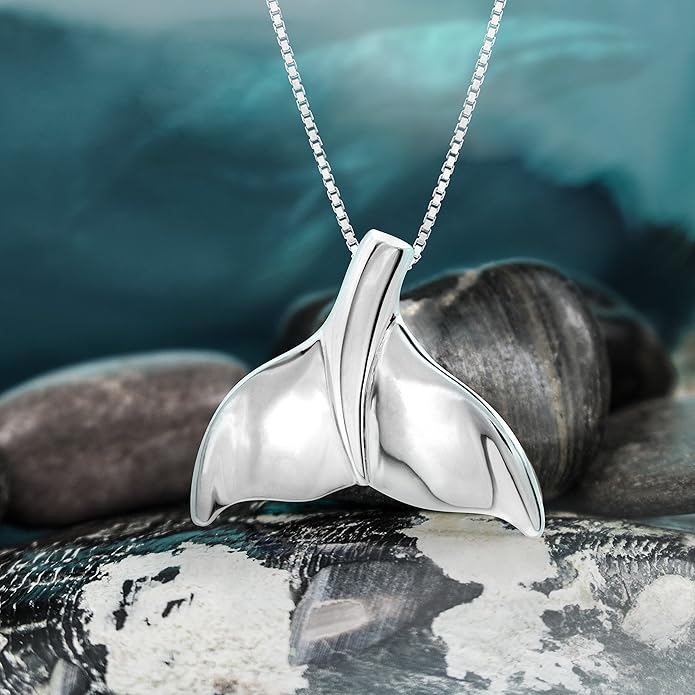 Honolulu Jewelry Company Sterling Silver High Polished Whale Tail Necklace Pendant with 18" Box Chain