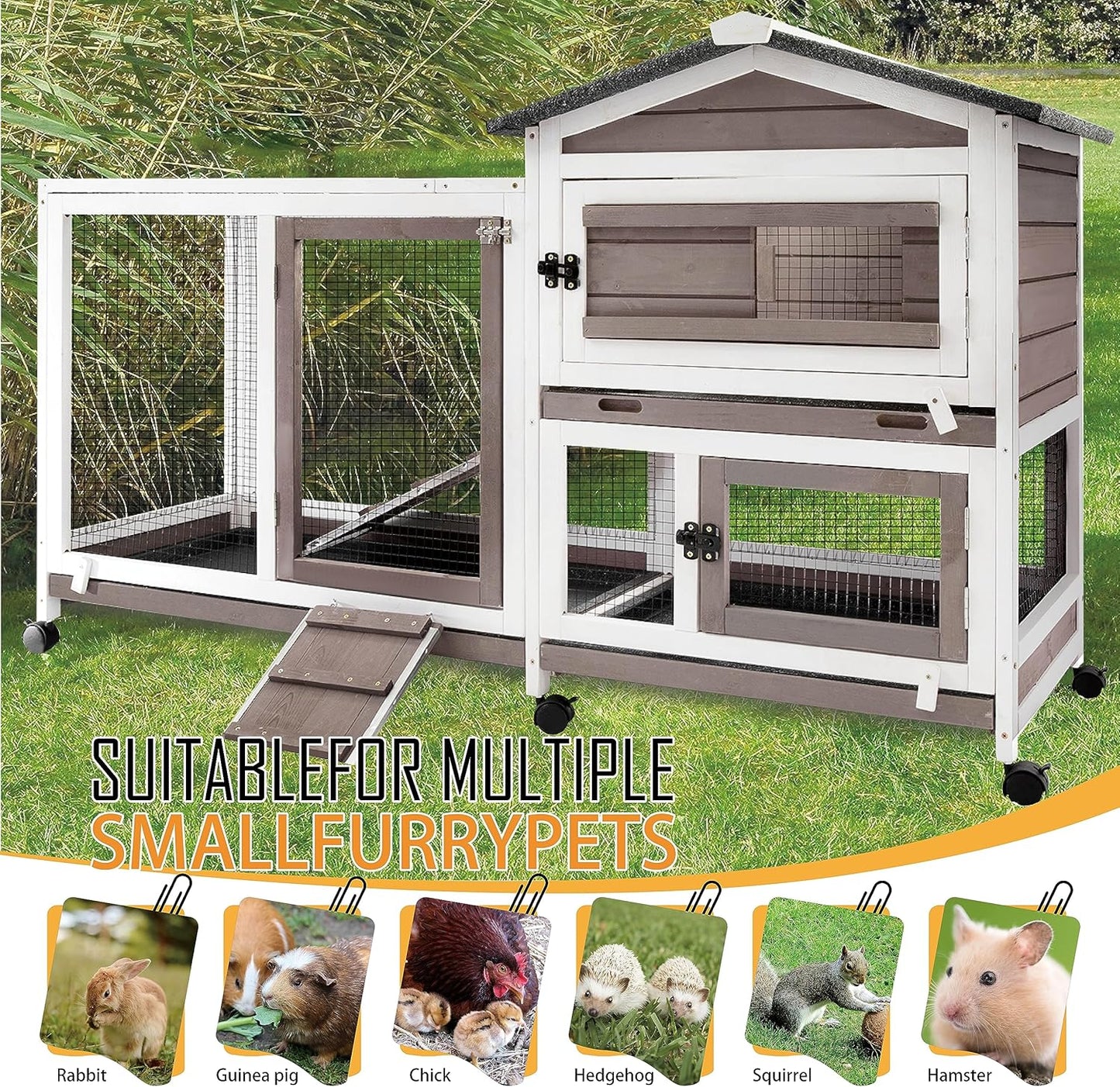 57" L Rabbit Hutch Indoor Outdoor 2 Story Large Bunny Hutch with Run Guinea Pig Cage Wooden Rabbit Cage with Removable 3 Pull Out Trays Pet House for Small-Medium Animals
