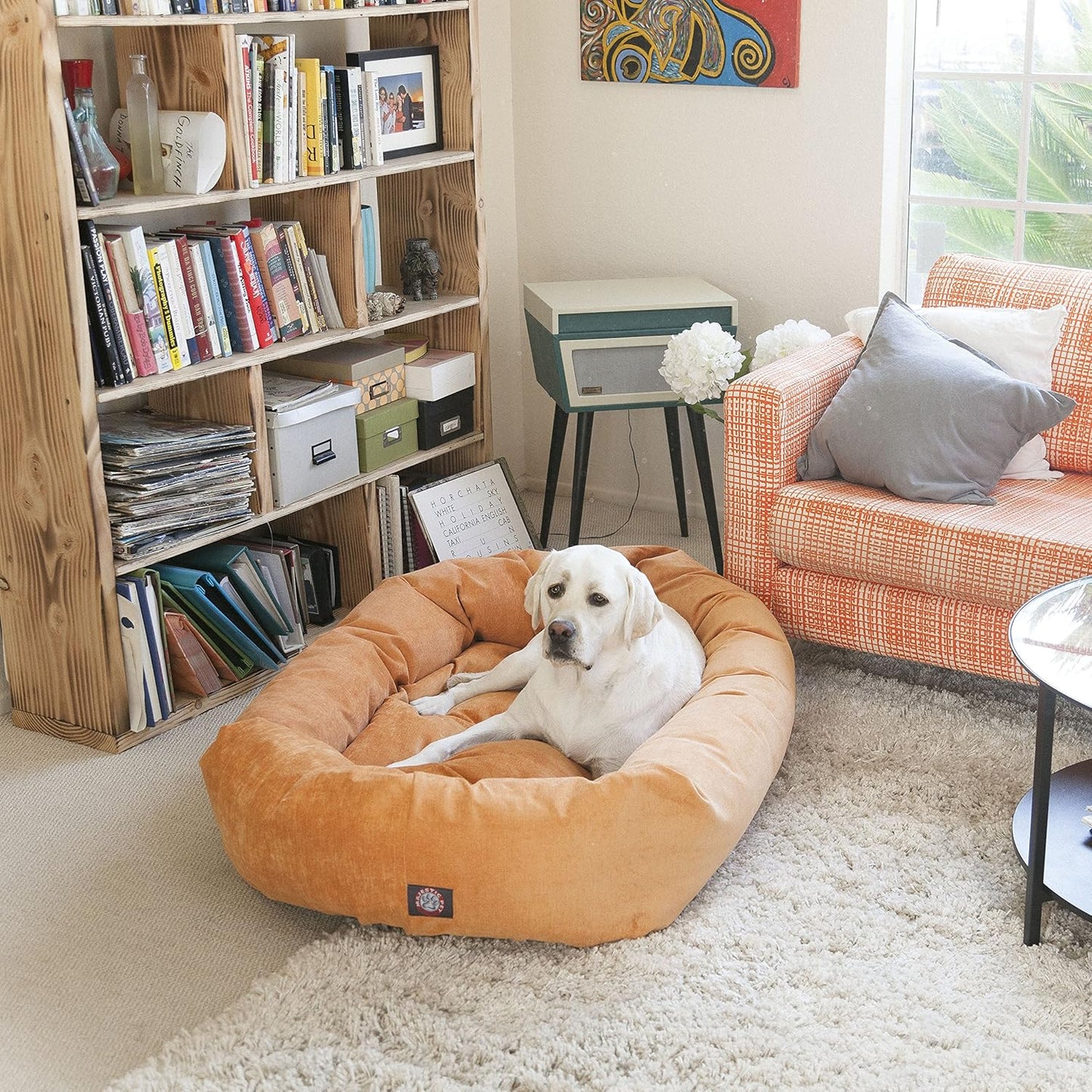Majestic Pet 52 Inch Micro Velvet Calming Dog Bed Washable – Cozy Soft Round Dog Bed with Spine for Head Support - Fluffy Donut Dog Bed 52x35x11 (inch) – Round Pet Bed X- Large – Marine